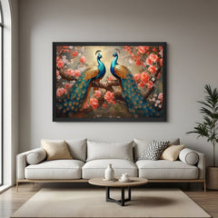 black floater frame peacock pair canvas painting for vastu wall decor to enhance beauty and invite positivity into living or bedroom