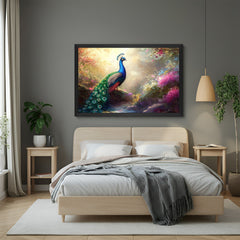 Black floater frame peacock Vastu canvas artwork for wealth, joy, and graceful energy in Vastu-inspired interior design