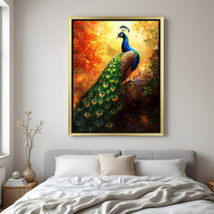 Golden frame peacock wall art canvas representing vastu harmony, divine energy, and prosperity for modern home or office decor