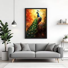 Black frame peacock canvas painting for vastu decor, symbolizing grace, inner peace, and prosperity in home interiors