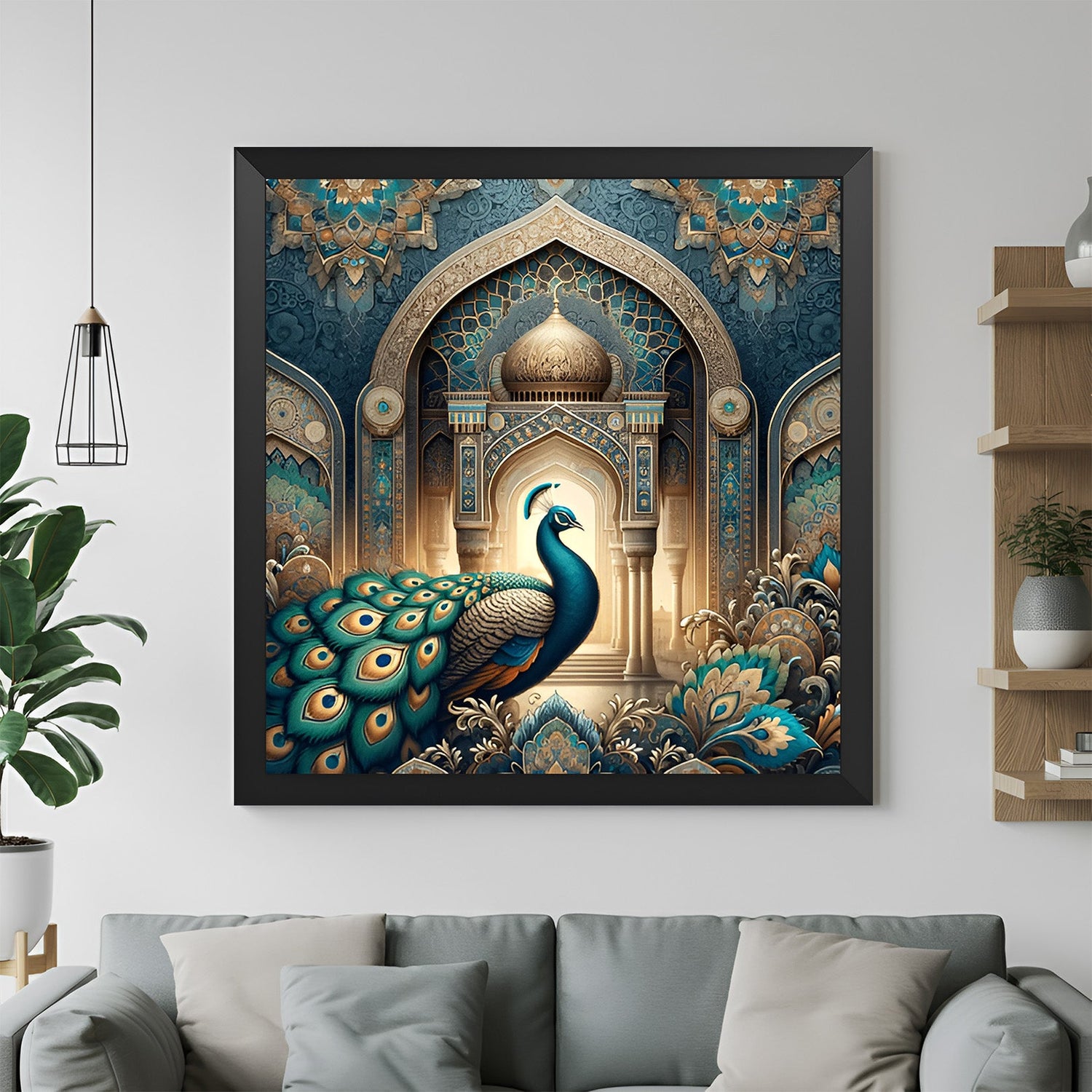 Peacock Vastu canvas art with black floater frame, ideal wall decor for home or office with positive energy