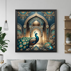 Peacock Vastu canvas art with black floater frame, ideal wall decor for home or office with positive energy