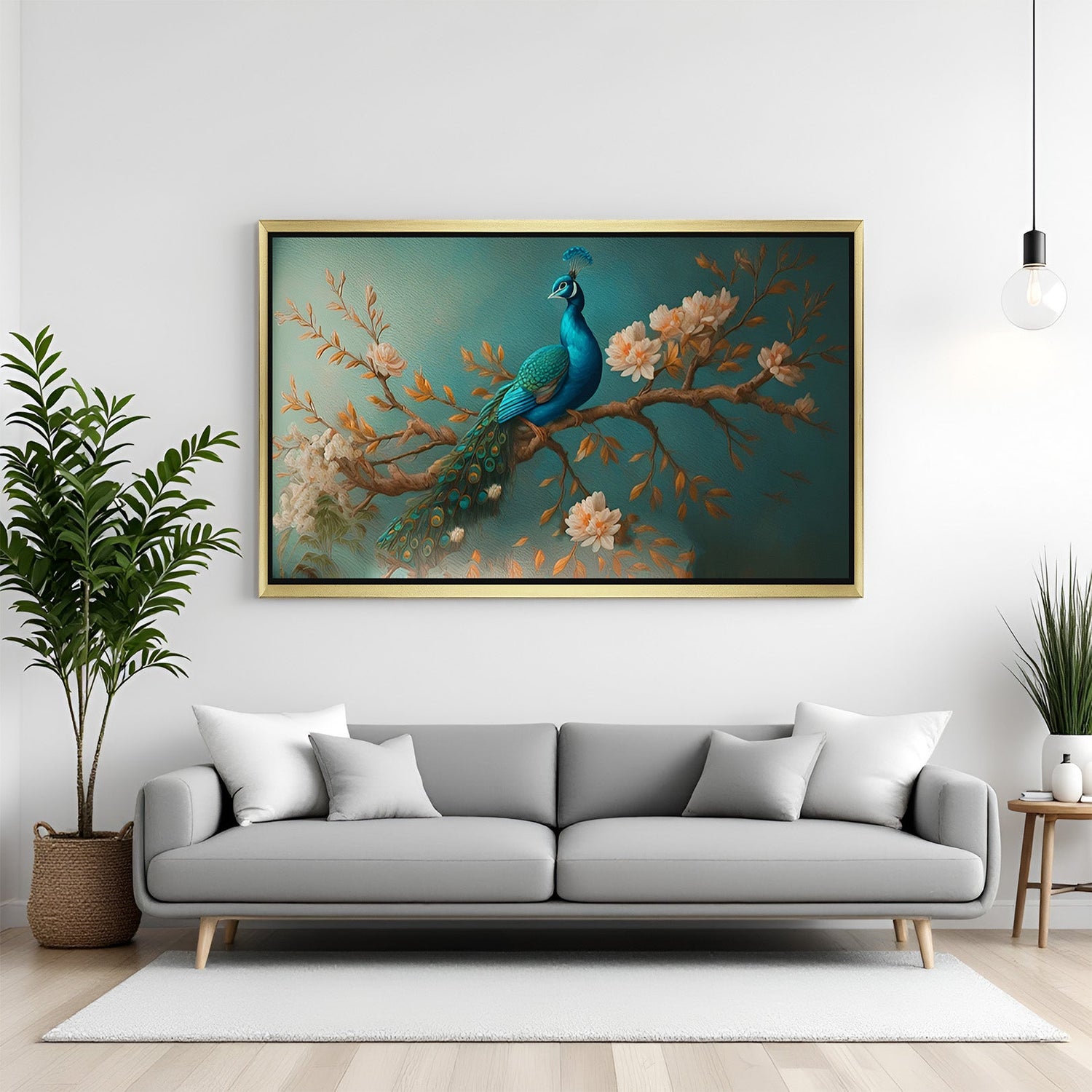 golden frame peacock vastu canvas painting for living room or cafe to boost prosperity joy and vastu-aligned energy