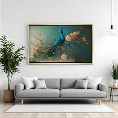 golden frame peacock vastu canvas painting for living room or cafe to boost prosperity joy and vastu-aligned energy