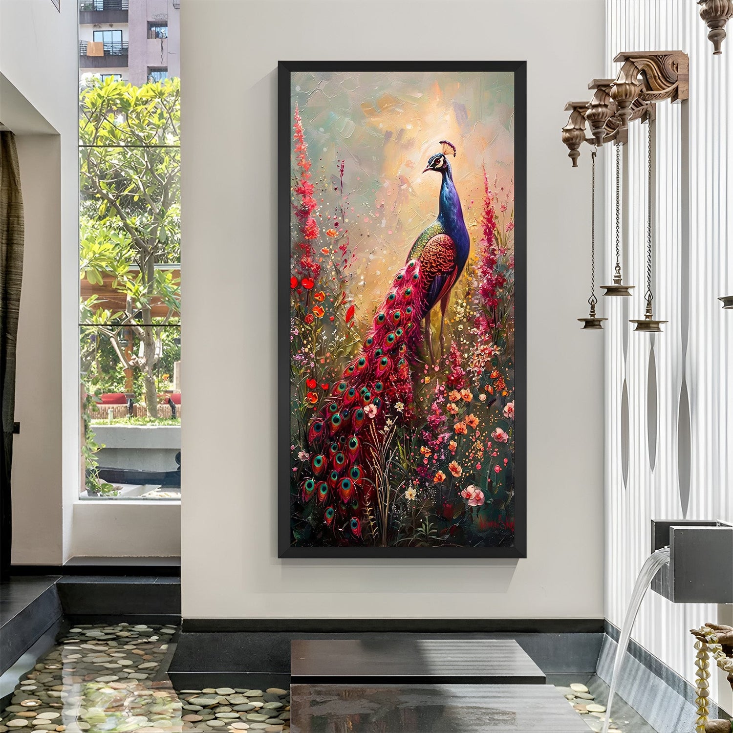 Peacock Canvas Painting in black floater frame for Vastu-inspired wall decor in living room, bedroom, or office