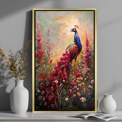 Peacock Vastu Wall Art in golden floater frame for spiritual harmony, peaceful energy, and premium home decor
