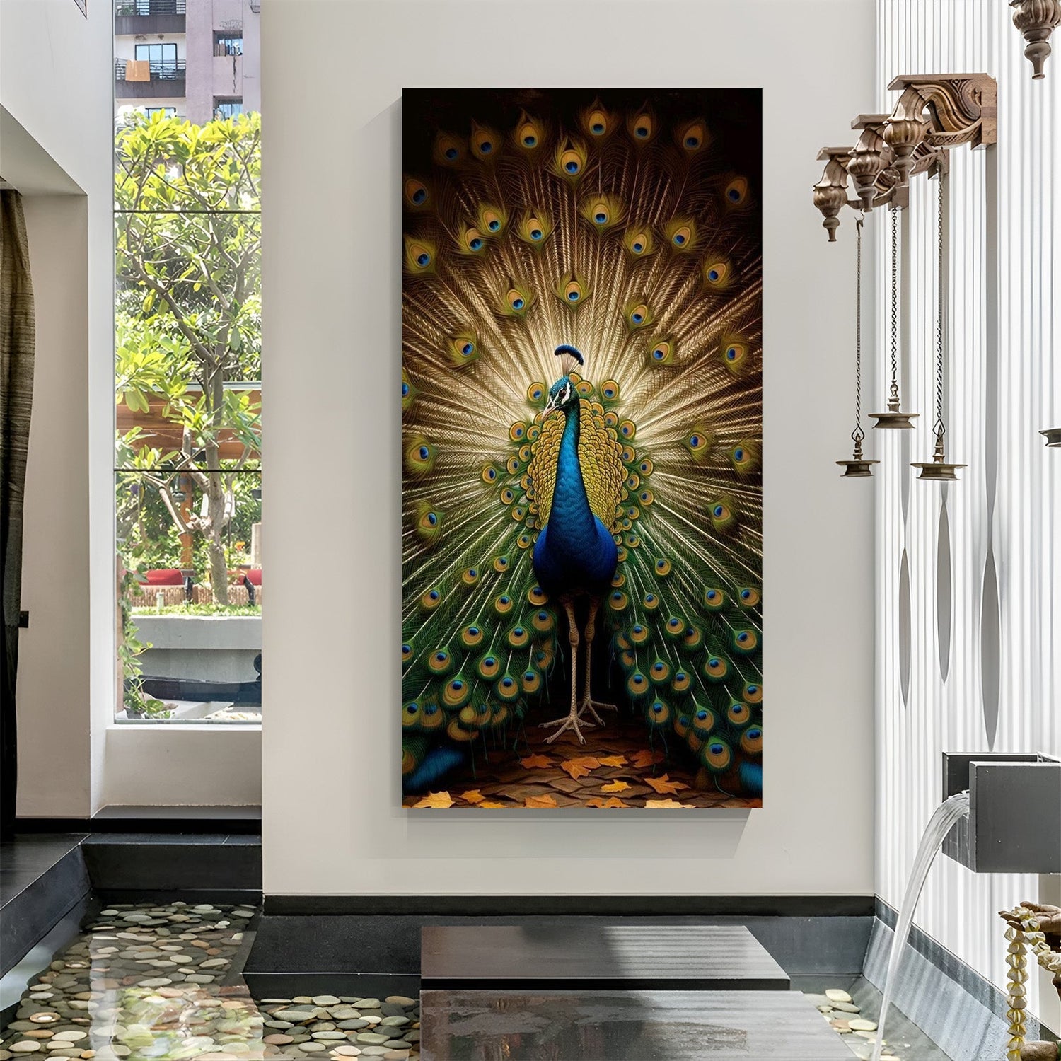 Peacock Vastu Canvas Wall Art for home and office decor, symbolizing beauty, emotional balance, and prosperity through elegant feathers