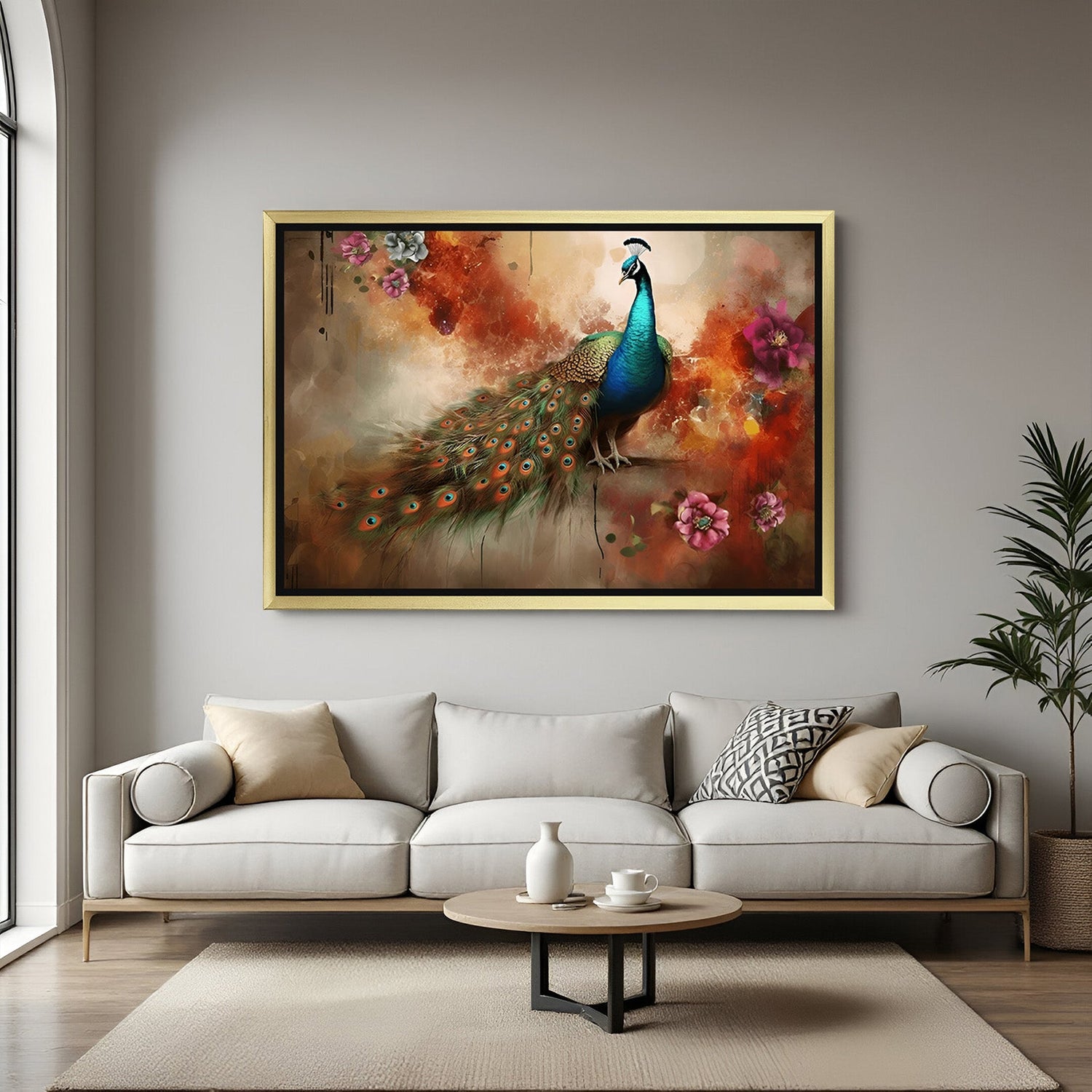 Golden frame peacock Vastu wall art for elegant home interiors and Vastu energy balance