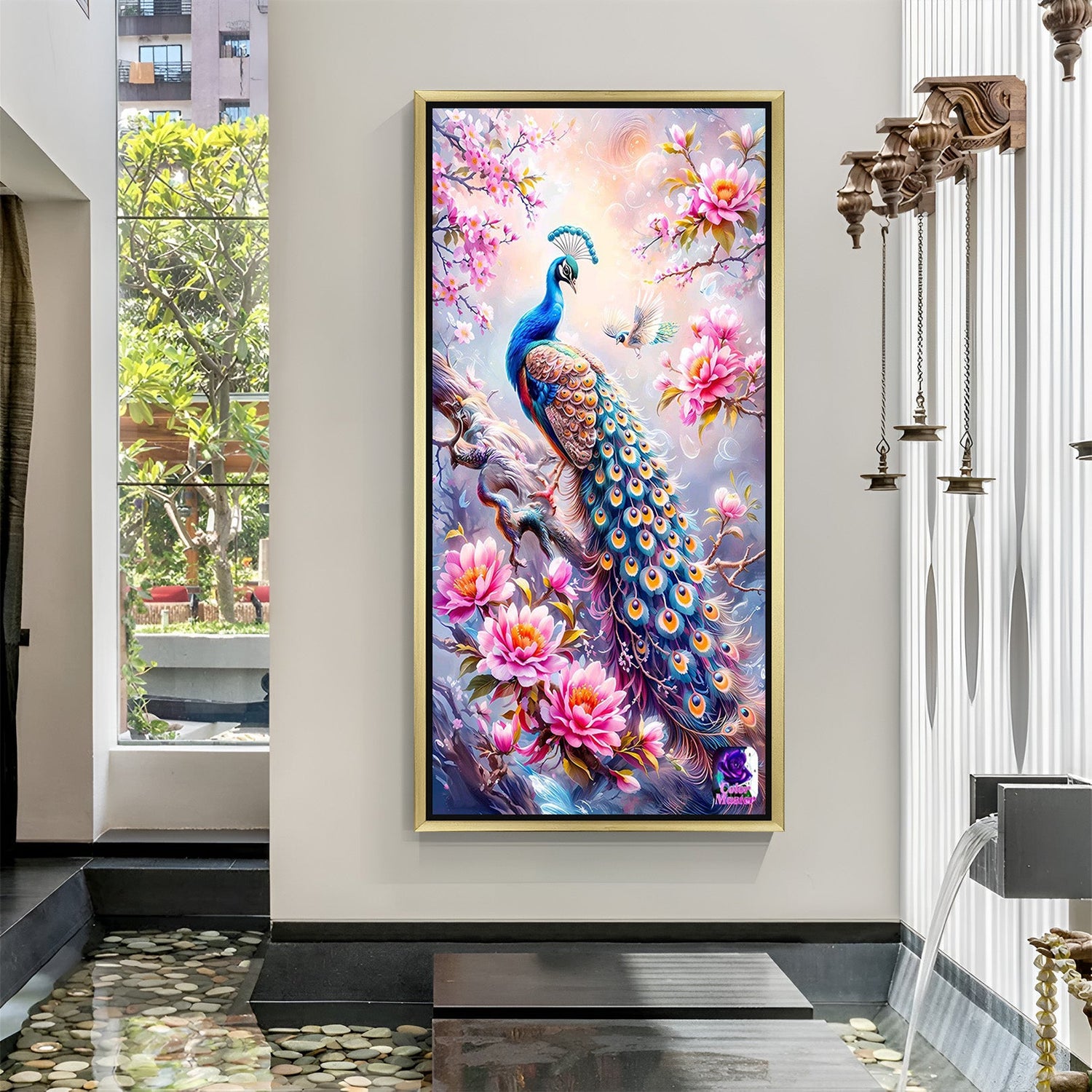 Peacock vastu canvas wall art in golden floater frame featuring prosperity symbolism, Indian elegance, and vastu balance for stylish wall decor