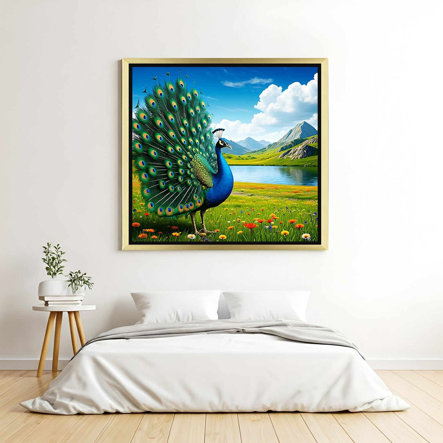Peacock Vastu painting with golden floater frame for elegant home decor and prosperity as per Vastu