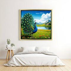 Peacock Vastu painting with golden floater frame for elegant home decor and prosperity as per Vastu