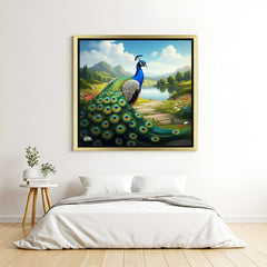 Peacock Vastu canvas painting with golden floater frame for living room wall decor and spiritual home styling
