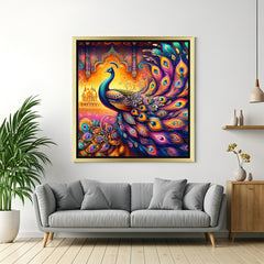Peacock Vastu canvas painting with golden floater frame, ideal for home decor to attract prosperity and good fortune