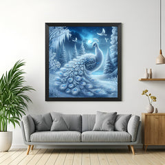 Peacock Vastu wall art with black floater frame for office decor that promotes success and prosperity