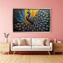 Golden floater frame Peacock Canvas Wall Art for Vastu-based decor, enhancing space with vibrant elegance and spiritual harmony