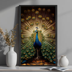 Peacock Canvas Painting in black floater frame for Vastu-based decor, adding vibrant charm and harmony to home or office interiors