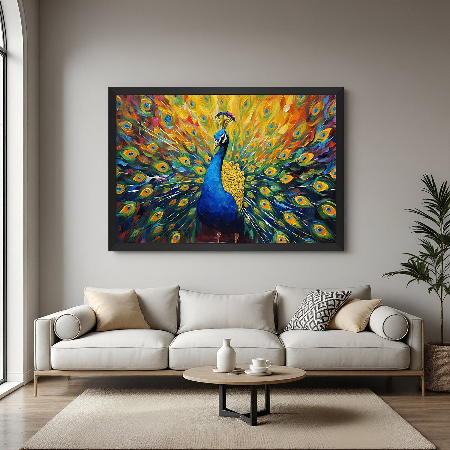 vastu canvas peacock painting in black floater frame for home office decor promoting prosperity elegance and vastu harmony
