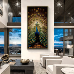 Golden floater frame Peacock Vastu Wall Art for stylish and spiritual home decor, radiating grace and positive energy