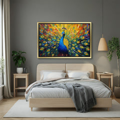 vastu peacock wall painting in golden floater frame for spiritual home and office decor to invite grace peace and positive energy