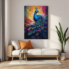 Peacock vastu canvas wall painting featuring vibrant feathers and vastu energy, ideal for stylish home and corporate wall decoration with positive aura