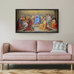 Black-framed religious canvas depicting Pentecost—ancient-style painting with biblical power and vintage beauty