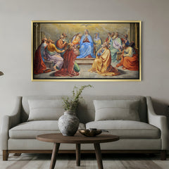 Golden-framed vintage canvas art of Pentecost—spiritual wall decor showing descent of Holy Spirit on disciples