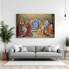 Vintage wall art of the Pentecost scene—Holy Spirit descending as tongues of fire on disciples with classical aged effect