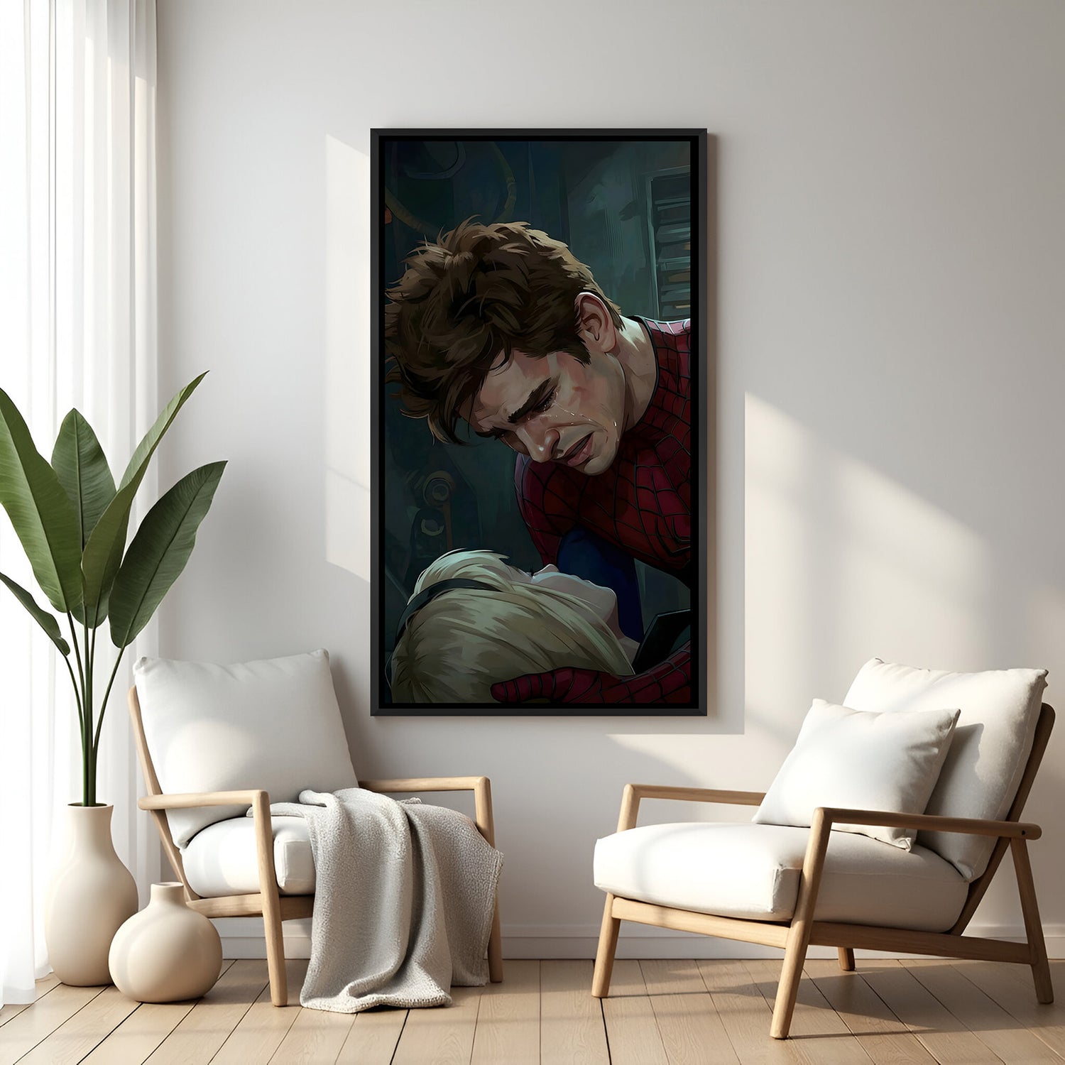 Emotional Peter Parker and Gwen Stacy cinematic artwork in elegant black floater frame