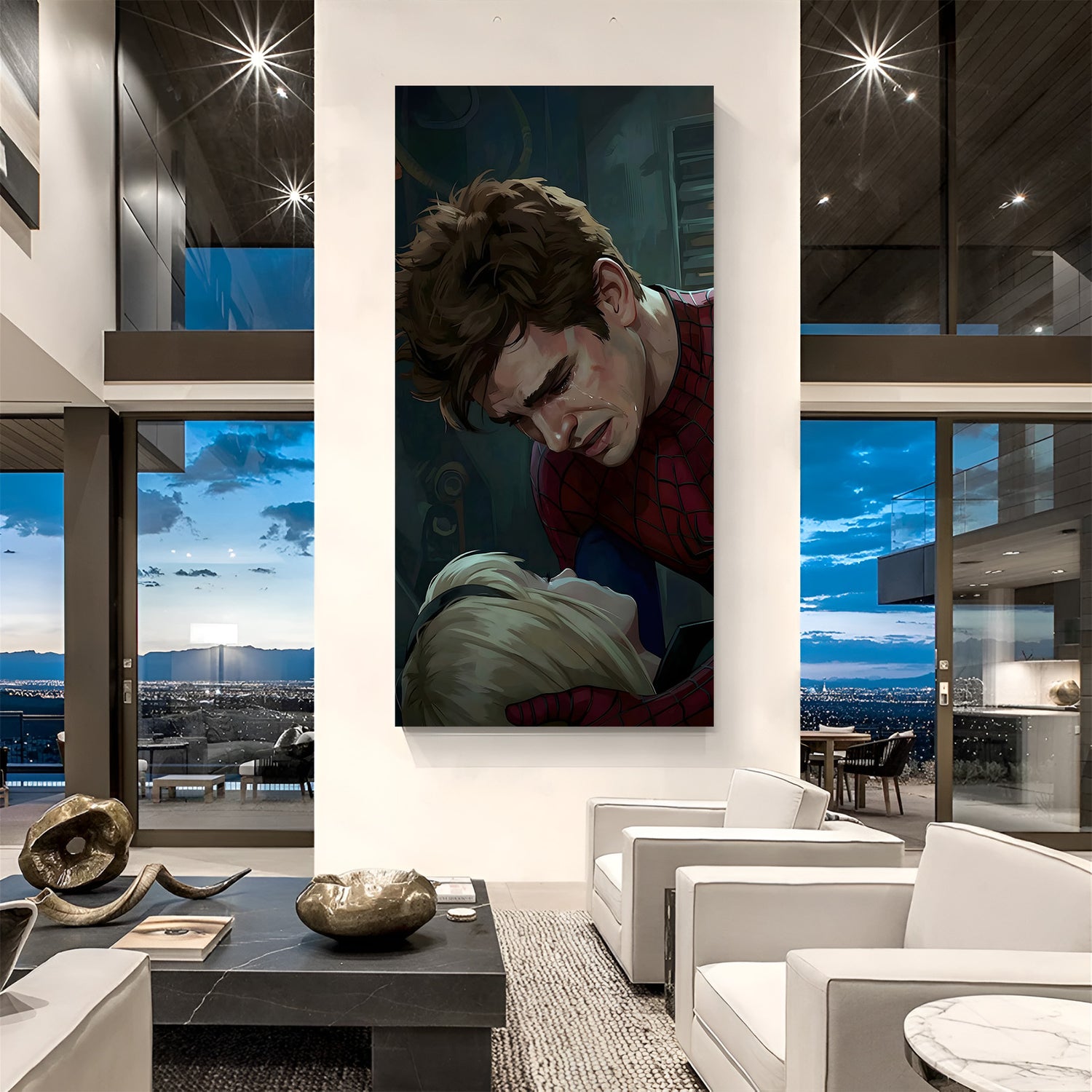 Peter Parker holding Gwen Stacy while crying emotional Marvel canvas wall art