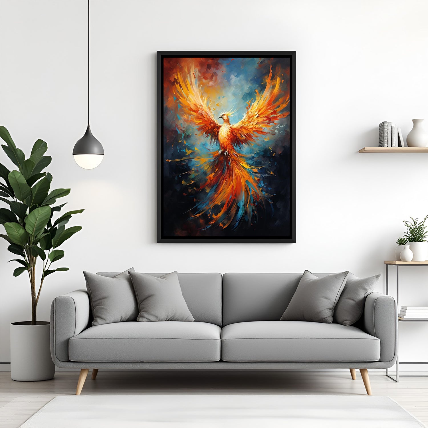 Hand-painted phoenix bird canvas wall art in bold red and orange shades, in black floater frame, Vastu painting for strength, rebirth, and positive energy