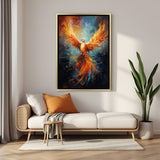 Hand-painted phoenix bird canvas wall art in warm fiery colors, in golden floater frame, perfect for Vastu wall decor, bringing courage and transformation