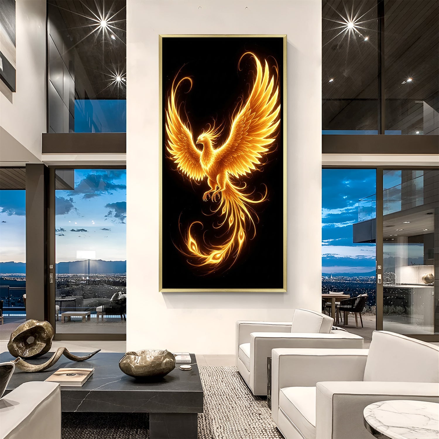 premium phoenix canvas artwork with golden frame symbol of spiritual renewal power and luxury interior styling