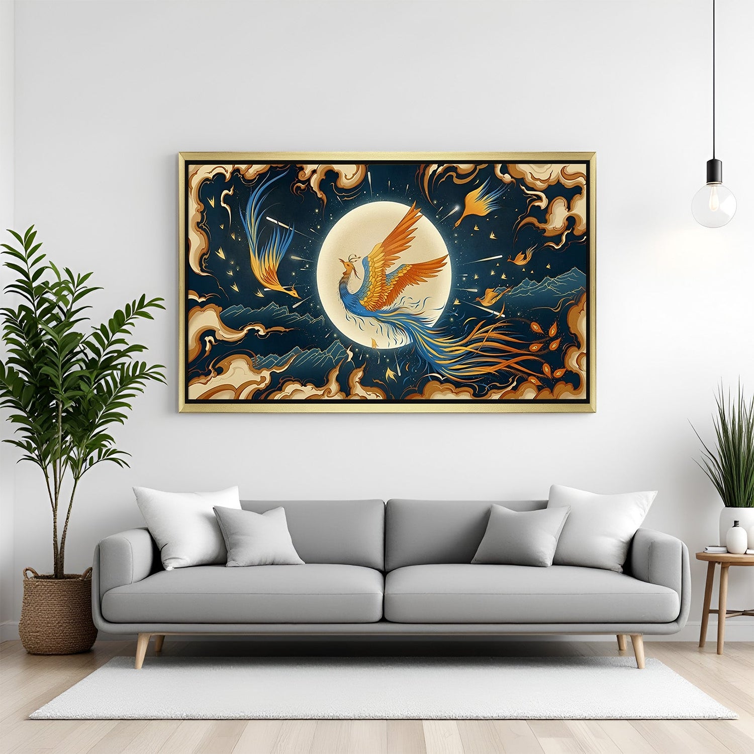 Golden frame phoenix wall art for prosperity, rebirth, and impactful Vastu interior styling