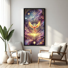 phoenix rising wall art in elegant black floater frame enhancing its spiritual glow and uplifting presence for home decor