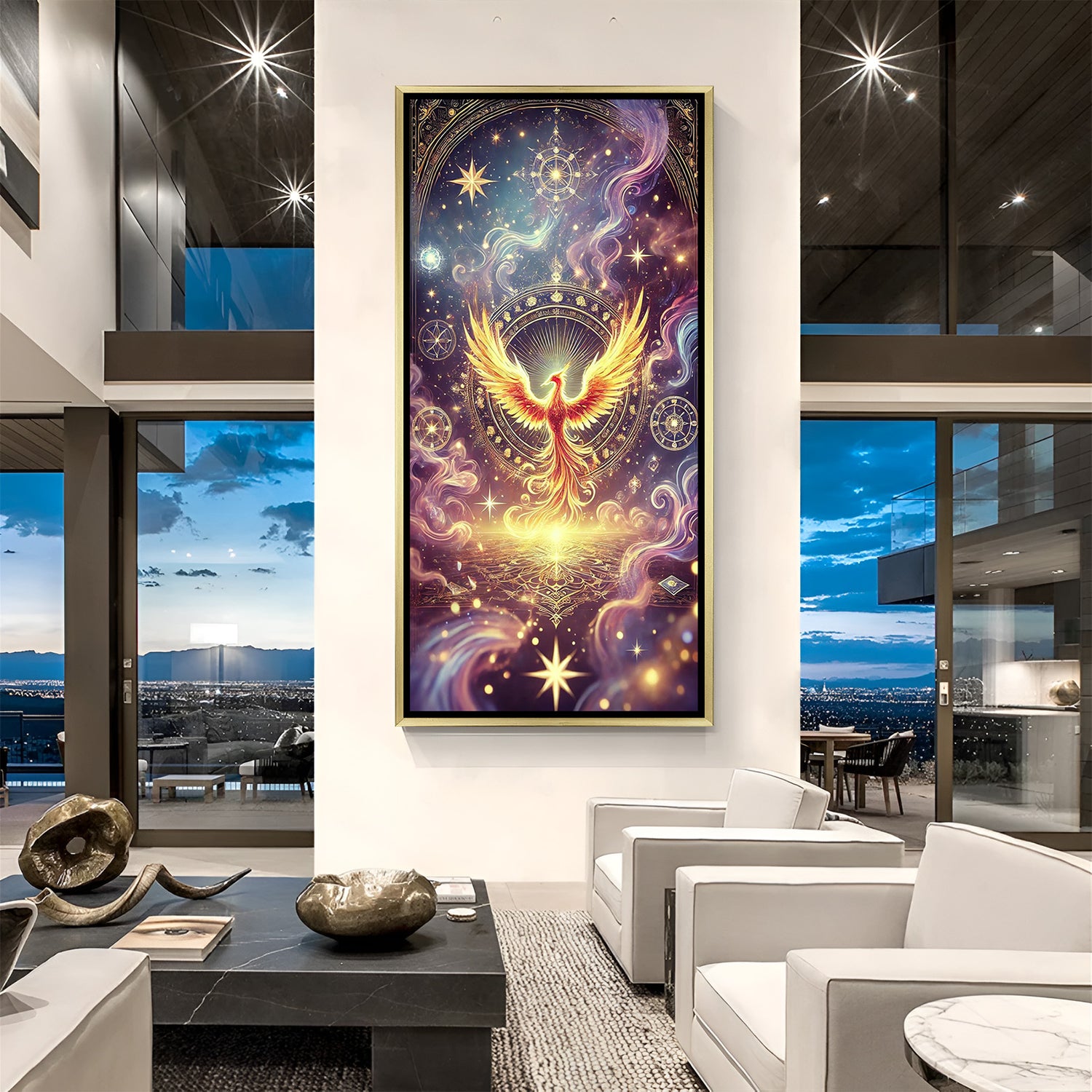 phoenix rising canvas art with luxurious golden floater frame radiating divine warmth inspiration and emotional renewal