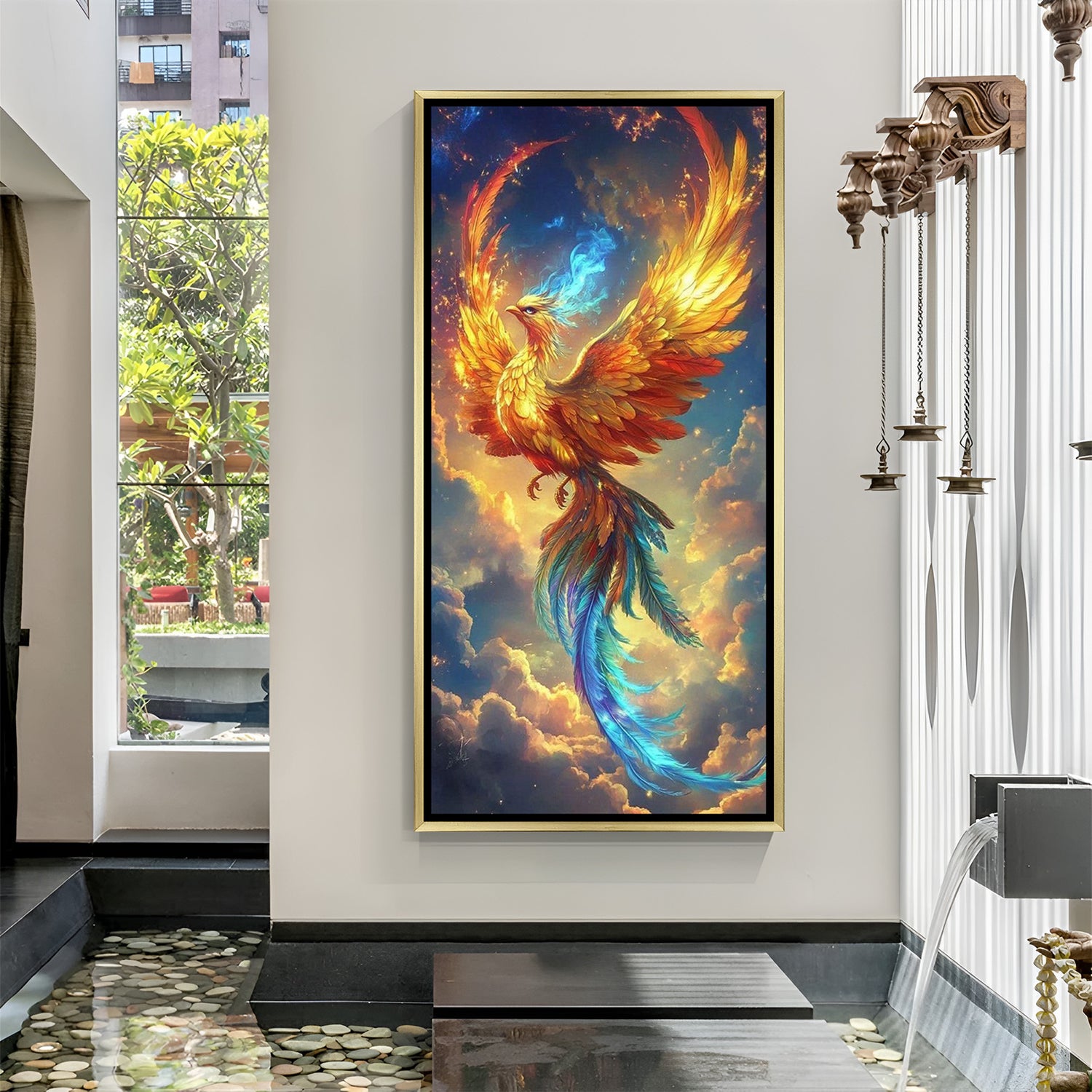 phoenix rising canvas wall art in golden floater frame radiating positivity success and spiritual upliftment according to vastu principles