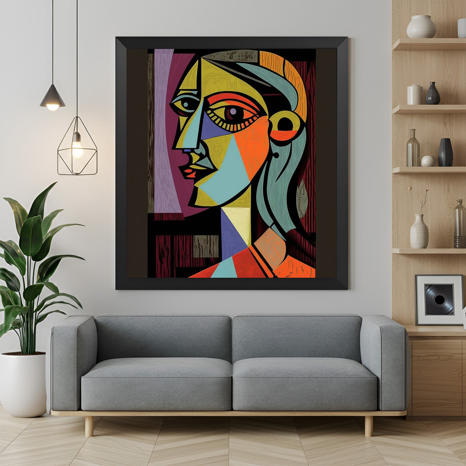 Black frame abstract female wall art – Picasso-style geometric canvas with cubist woman portrait