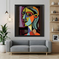 Black frame abstract female wall art – Picasso-style geometric canvas with cubist woman portrait