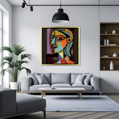 Golden frame geometric female abstract wall art – canvas print of cubist woman face inspired by Picasso