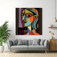 Picasso-style female abstract wall art – geometric canvas of woman’s face in bold cubism-inspired design