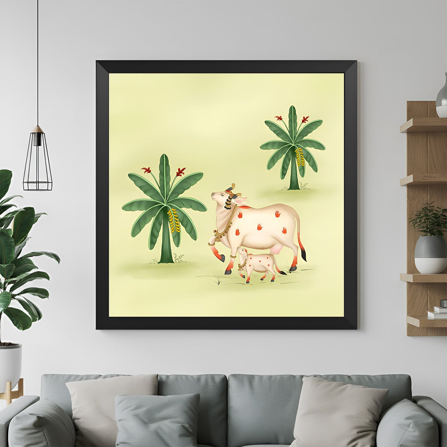 Black floater frame Pichwai wall painting of cow and banana tree for Vastu and temple decor