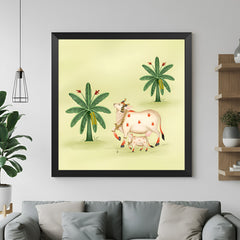 Black floater frame Pichwai wall painting of cow and banana tree for Vastu and temple decor