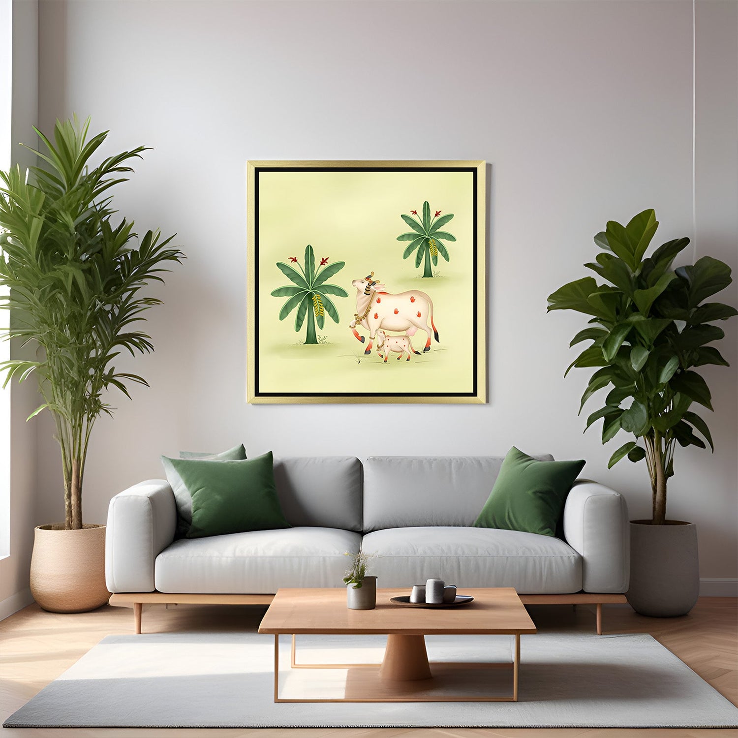 Golden floater frame canvas wall art of sacred cow with banana tree in Pichwai style
