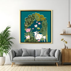 Golden floater frame Pichwai canvas wall art featuring Kamdhenu cow and lotus, ideal for Vastu and devotional interiors