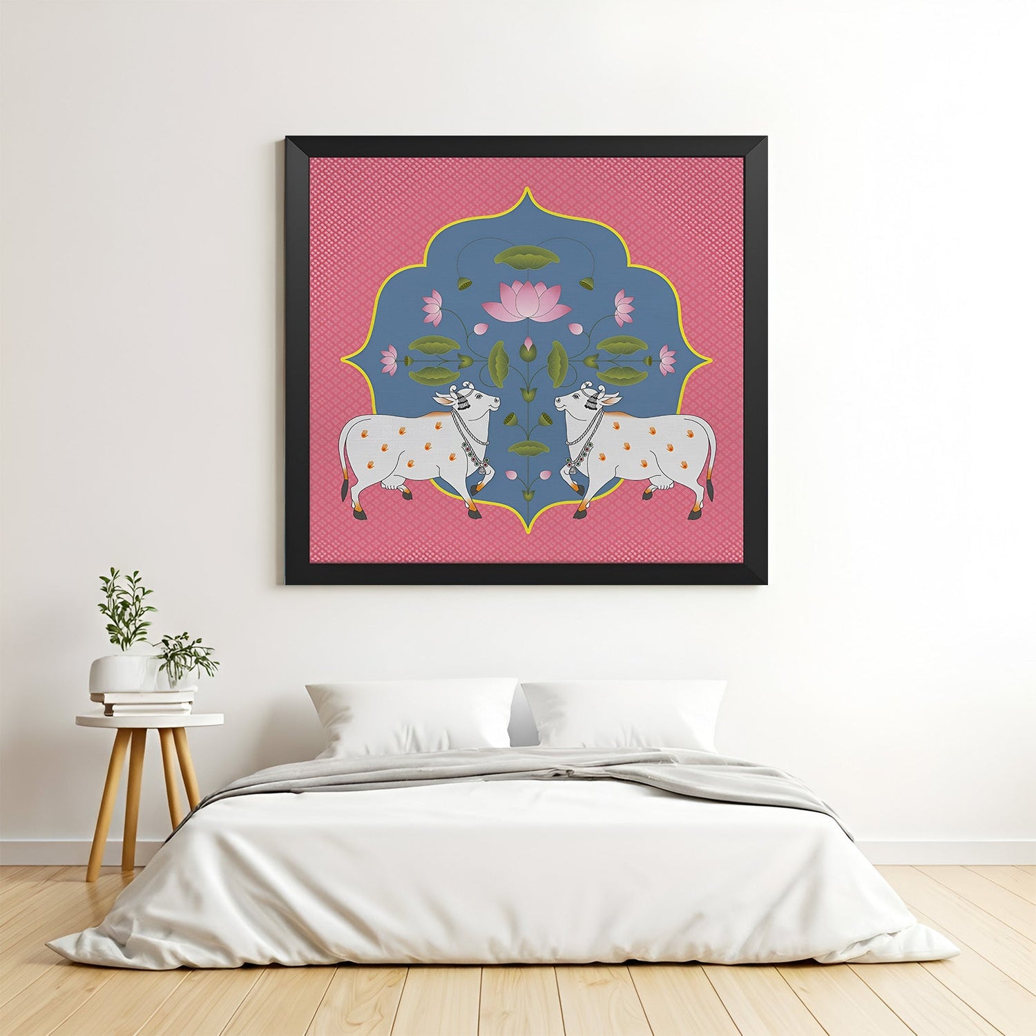 Cow pair Pichwai painting in black frame – ethnic canvas wall art for pooja room and Indian home interiors