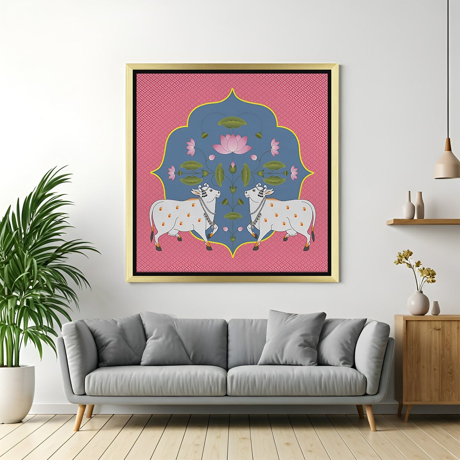 Golden frame Pichwai cow pair painting – spiritual and Vastu-inspired canvas wall decor for peaceful Indian spaces