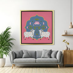 Golden frame Pichwai cow pair painting – spiritual and Vastu-inspired canvas wall decor for peaceful Indian spaces
