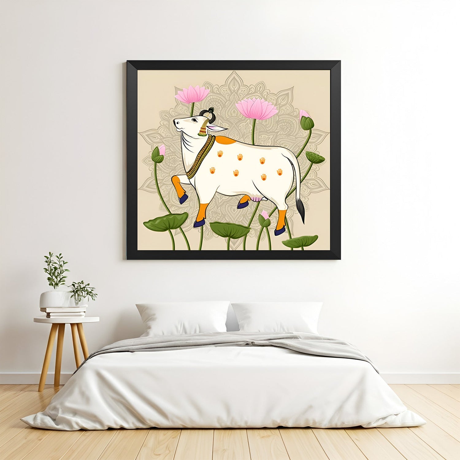 Framed Pichwai cow with lotus in black floater canvas for Vastu-inspired spiritual wall art