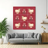 Pichwai canvas with five cows, calves, and pink flowers for Indian traditional decor