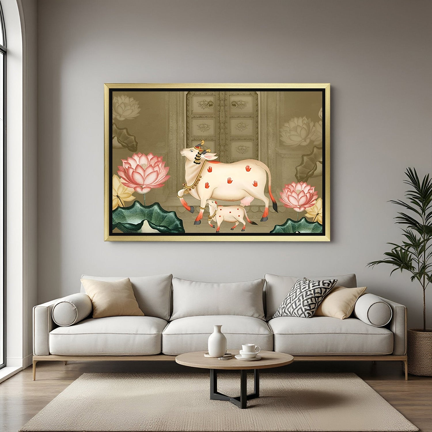 Golden frame sacred cow with calf Pichwai canvas painting for soulful home interiors